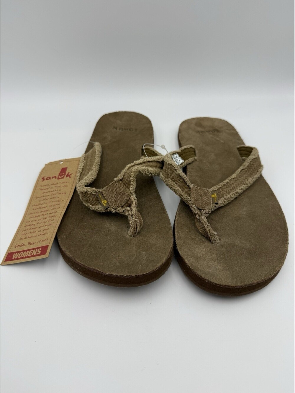 Sanuk Fraid Not Sandals Womens 8 Khaki Fabric Straps Suede Footbed Flip Flop NWT